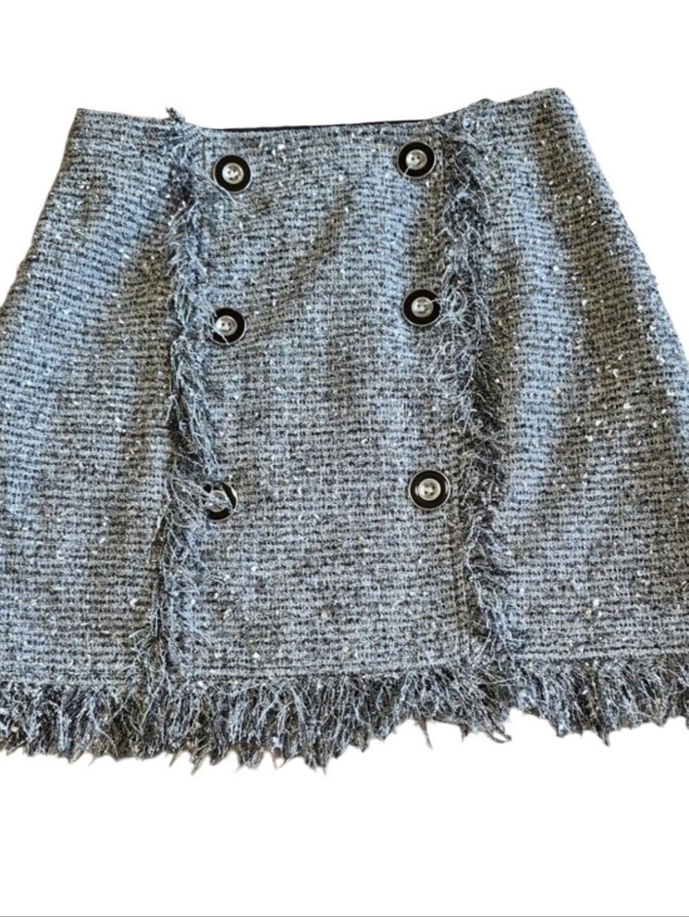 A Loves A Size 0 Silver Metallic Tweed Mini Skirt Fringe Button Detail NWT